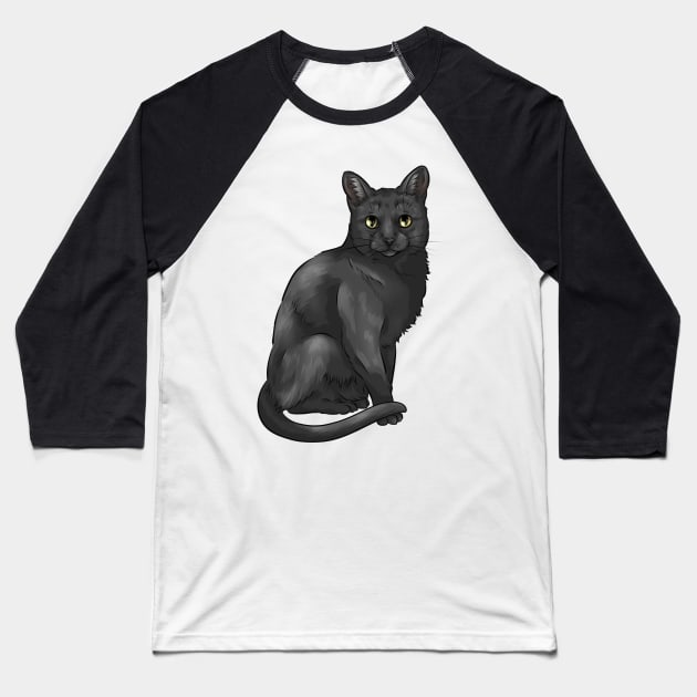 Cute Black Cat Baseball T-Shirt by Shirin Illustration